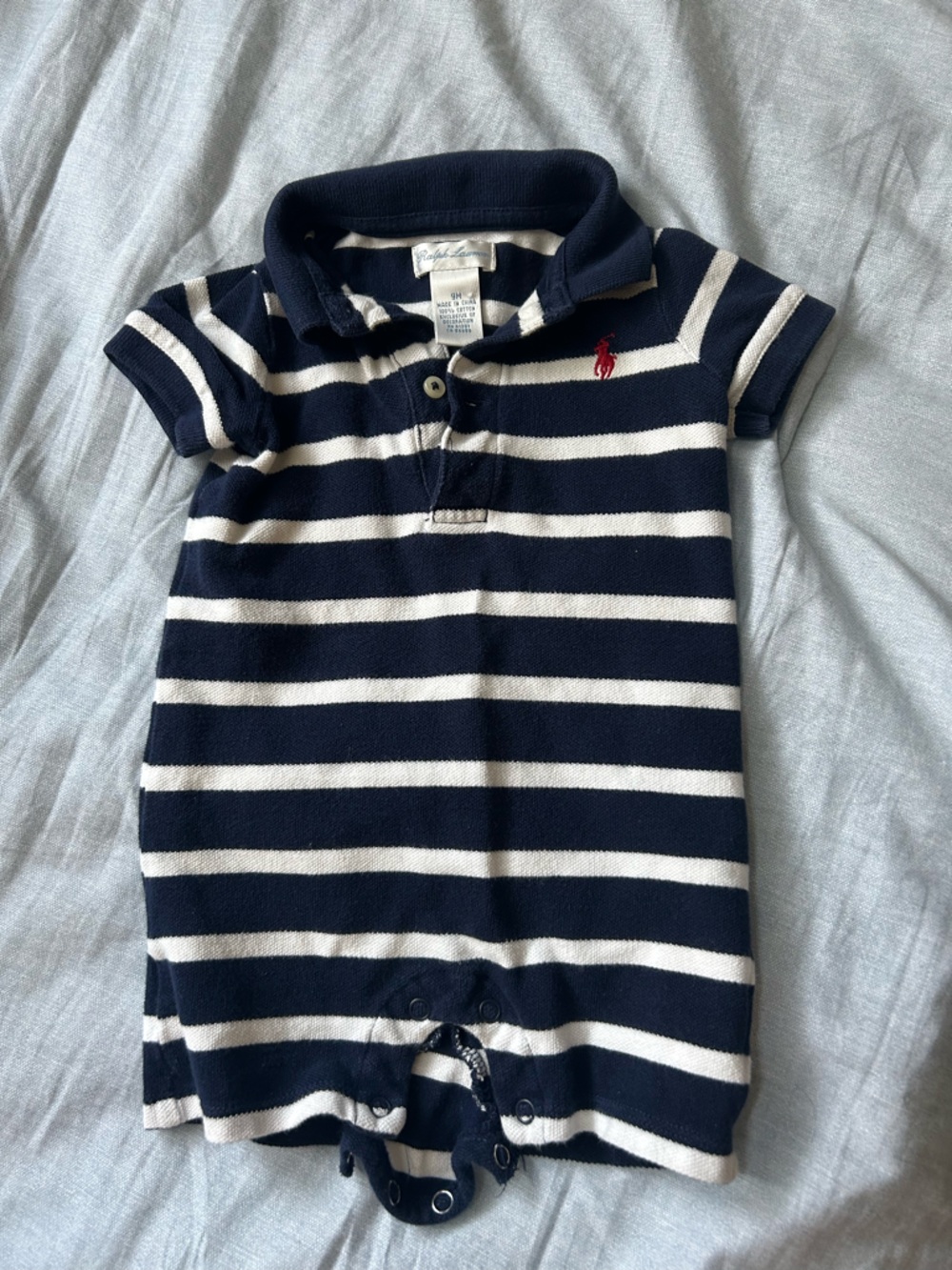 Ralph Lauren Navy & White Striped Polo with Red Logo